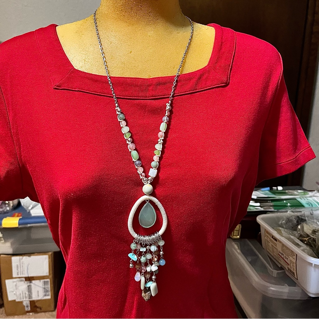 Silver And Blue Pendant Necklace With Teardrop Frame And Turquoise Beads